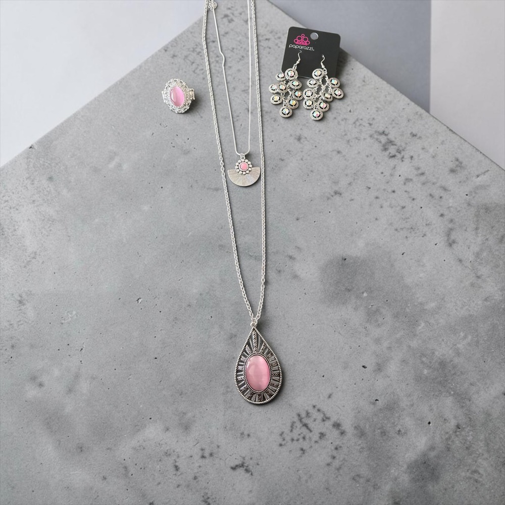 Paparazzi Jewelry Set Silver Pink Cats Eye Necklace Ring Earrings 4 Piece Lot